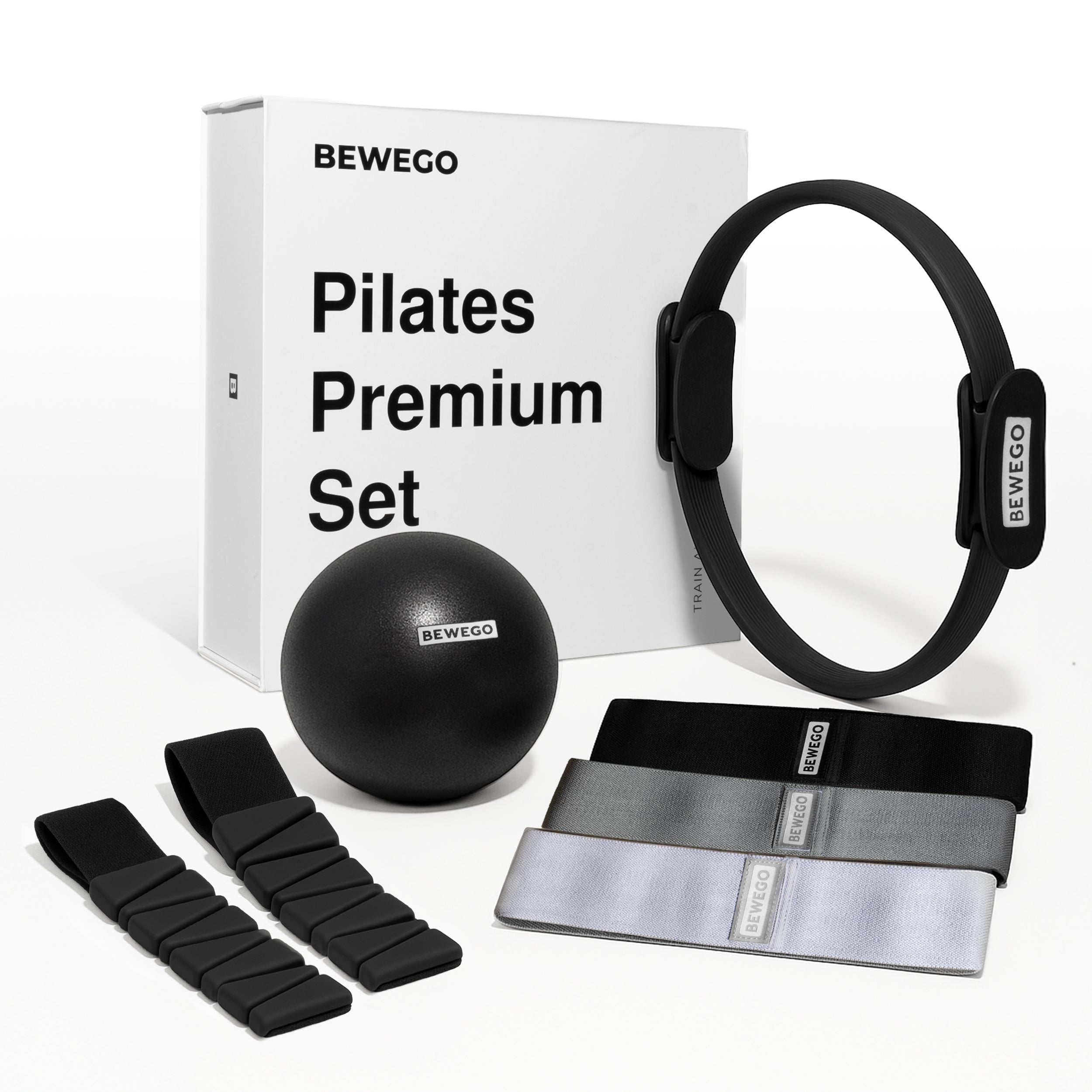 BEWEGO 5-in-1 Premium Pilates Set Für Zuhause Mit Pilates Ring, Soft-Ball, Widerstandsbändern & Gewichten - Elegantes Geschenk Für Frauen, Die Ästhetik & Qualität Schätzen