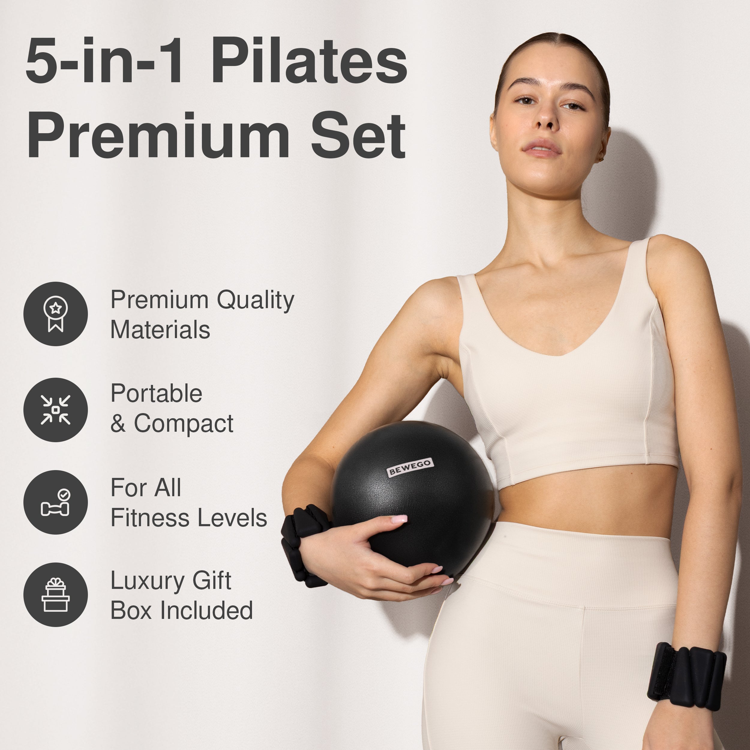 BEWEGO 5-in-1 Premium Pilates Set Für Zuhause Mit Pilates Ring, Soft-Ball, Widerstandsbändern & Gewichten - Elegantes Geschenk Für Frauen, Die Ästhetik & Qualität Schätzen