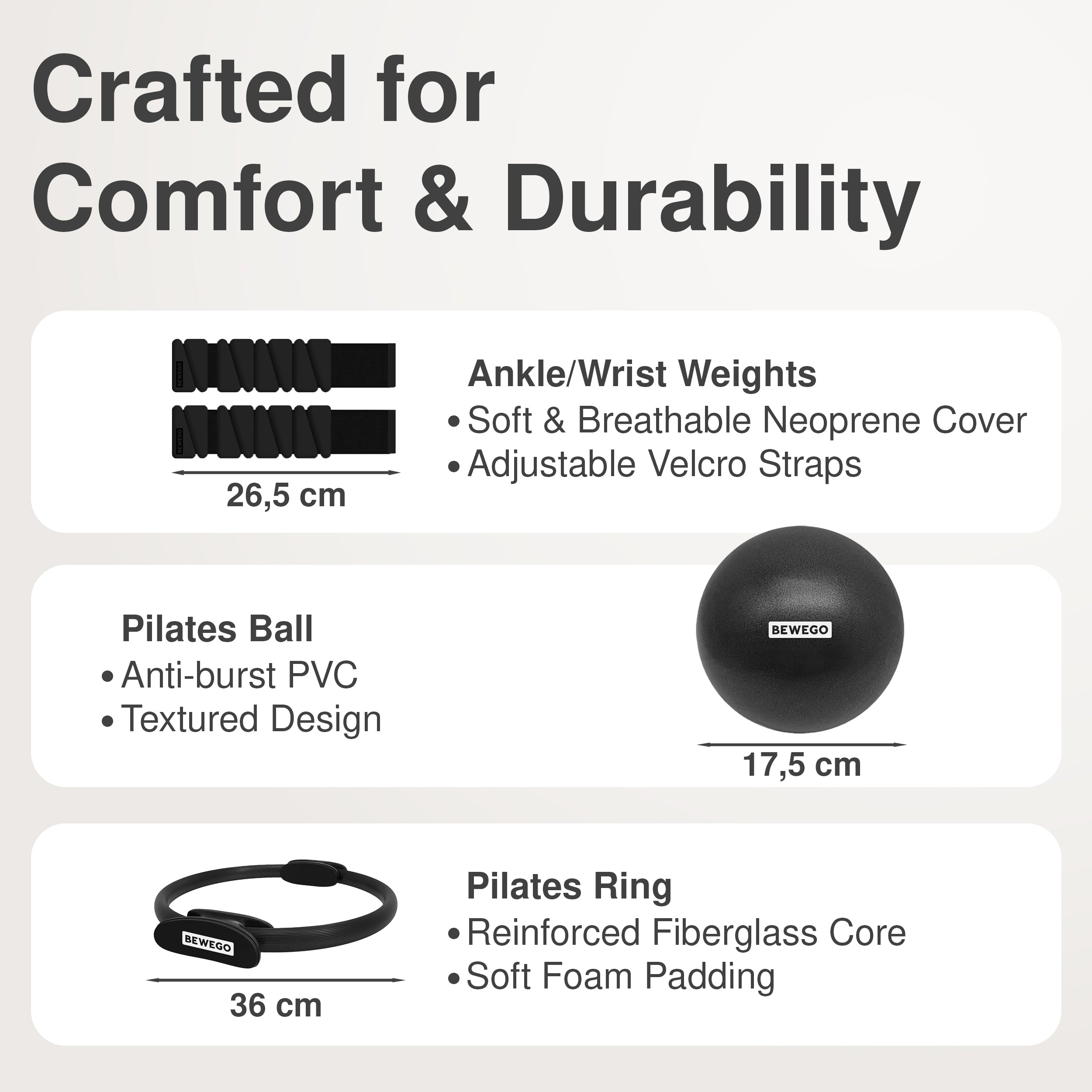 BEWEGO 5-in-1 Premium Pilates Set Für Zuhause Mit Pilates Ring, Soft-Ball, Widerstandsbändern & Gewichten - Elegantes Geschenk Für Frauen, Die Ästhetik & Qualität Schätzen