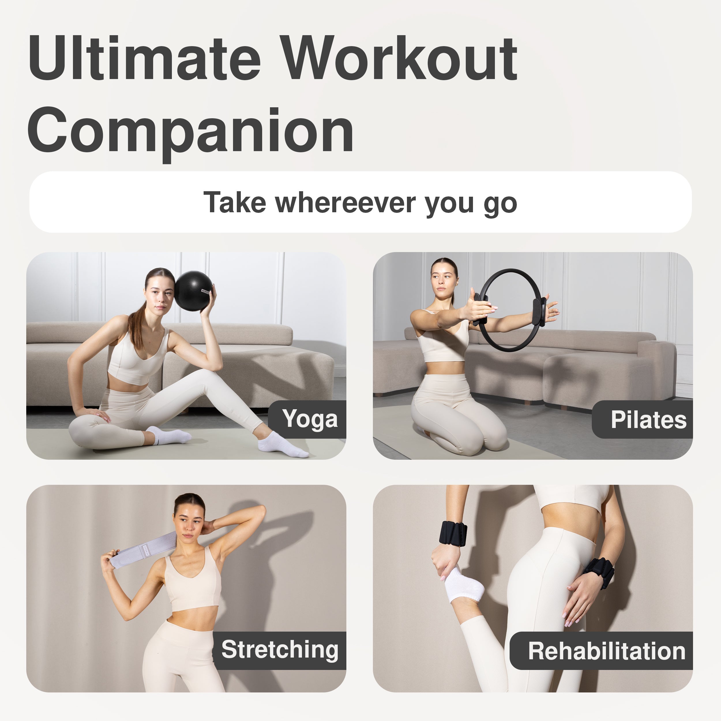 BEWEGO 5-in-1 Premium Pilates Set Für Zuhause Mit Pilates Ring, Soft-Ball, Widerstandsbändern & Gewichten - Elegantes Geschenk Für Frauen, Die Ästhetik & Qualität Schätzen